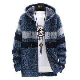 Fleece Warm Sweater Men Winter Hooded Cardigan Mens Striped Slim Sweaters Patchwork Coat Knitted Men's Hoodie Jumper Clothing 210812