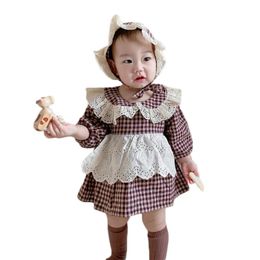 2pcs Toddler Kids Baby Girl Clothes Plaid Lace Jumpsuit Spring New Long Sleeve Bodysuit Sunsuit Outfits Hat 210413