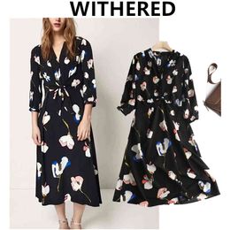 Withered vestidos de fiesta de noche sengland fashion butterfly print bow elegant midi dress women vestidos party dress women X0521