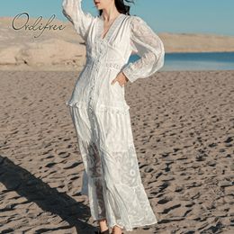 Summer Women Party Maxi Sleeve Ruffle White Lace Crochet Single Breasted Long Vacation Beach Dress 210415