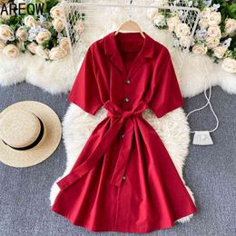 Retro Summer Dress Women Red Black Solid French Dress Short Sleeve V Neck Women Clothing 210507