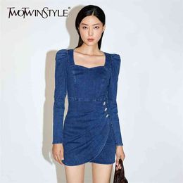 Denim Slim Dress For Women Square Collar Puff Long Sleeve High Waist Ruched Mini Dresses Female Fashion Style 210520
