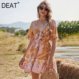 [DEAT] Summer Fashion V-neck Bow Short Sleeve Printing A-line Bohemian Style Dress Women 13C647 210527