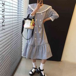 Striped Shirt Dress Women's Summer Lapel Spliced Lace Loose Double Breasted Three Quater Mid-calf Dresses 210427