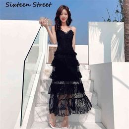 Spaghetti Strap Black Mesh Maxi Dress Woman Summer Beach Sleeveless V-neck Long Dresses Female Party Runway Vestido 210603