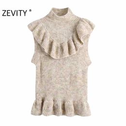 Zevity Women Fashion Turtleneck Collar Cascading Ruffle Knitting Sweater Lady Sleeveless Casual Chic Vest Pullover Tops S449 210603