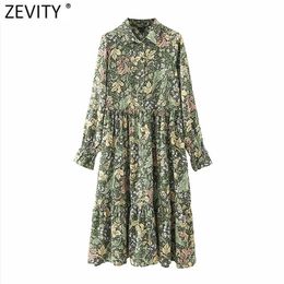 Women Vintage Floral Leaves Print Pleats Green Midi Shirt Dress Female Chic Flare Sleeve Casual Kimono Vestido DS8185 210420