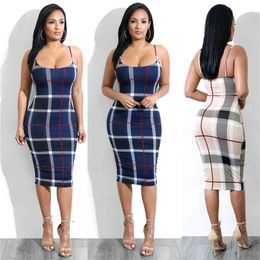 Summer Sexy Spaghetti Strap Bodycon Plaid Sheath Dres Spring Backless Elastic Party Dresses Casual Vestidos robe femme 210623