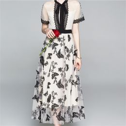 Embroidered mesh women's summer self-cultivation waist thin long temperament floral large dress 210603