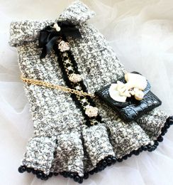 Handmade Dog Clothes Vintage Style Gray Tweed Imitation Leather Bag Dog Dresses Autumn Winter Spring