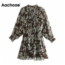 Aachoae Boho Floral Chiffon Dress Batwing Long Sleeve Beach Mini Dress Women Ruffles Print Pleated Dresses Vestido De Mujer 210413