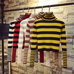 Short Striped Sweater Women 8 Colours Crop Top Turtleneck Thick Pullover Spring Autumn Long Sleeve Knit Jumper Jacket M9D692 210421