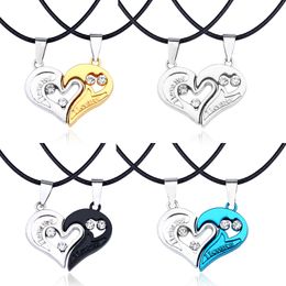Fashion I Love You Black Bule Style Pendant Stainless Steel Crystal Lovely Heart Stitching Couple Necklace Friendly Jewelry Women Girl Valentine's Day Gift