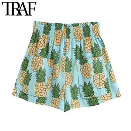 Women Chic Fashion Pineapple Print Shorts Vintage High Elastic Waist Patch Pockets Female Short Pants Pantalones 210507