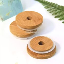 Bamboo Jar Tumbler Lid Cup Cap Mug Cover Drinkware Splash Spill Proof Top Silicone Seal Ring With Paint Coating Mold-free Dia 70mm/86mm Optional 15mm Straw Hole EE0121