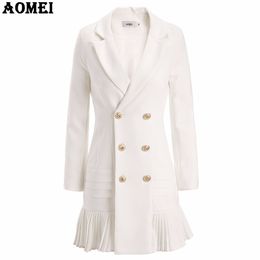 Fashion Suit Women Blazer Workwear White With Ruffle Office Ladies Long Blaser Clothing Fall Golden Button Spring Winter Top 210416