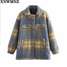 Women oversize check overshirt Casual loose Woolen Jacket Coat Female Vintage Long Sleeve Outerwear Chic Overcoat 210520