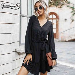 Ruffle Black Surplice Neck Belted Dress Women Autumn Winter Long Sleeve Elegant Office Lady Slim A-line Mini 210510