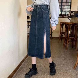 Spring Autumn Casual Women Single Button Solid Colour Nevy Blue Over Knee Empire Straight Denim Skirt 8Y251 210510