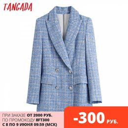 Tangada Women Double Breasted Tweed Blue Blazers Coat Office Lady Long Sleeve Pockets Female Outerwear BE508 210609