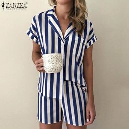 Plus Size ZANZEA Women Pajamas Sets 2021 Summer Female Striped Nightwear Casual Green Short Sleeve Loose Shorts Sleepwear 5XL X0526