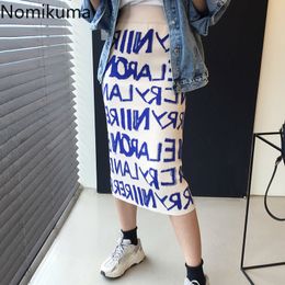 Nomikuma Korean Letters Knitted Skirts Autumn Winter New High Waist Women Sweater Skirt Causal Split Sexy Slim Faldas 6D147 210427