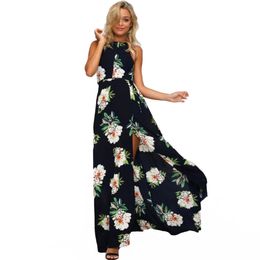 Women Halter Neck Chiffon Dress Floral Print Sleeveless Split Backless Long Dress Elegant Hollow Out Beach Maxi Boho Dress 210419