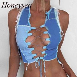 Sexy Hollow Out Camisole Women Punk Style Ribbed Knitting Crop Tops Club Party Wear Colourful Tank Top Bandage Vest Female X0507