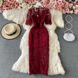 Summer Red/Yellow Lace Hollow Out Bodycon Dress Women Vintage Short Sleeve High Waist Sexy Midi Vestidos Female 2021 New Fashion Y0603