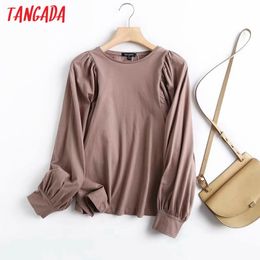 Women High Quality Cotton Shirts Puff Sleeve Solid Elegant Office Ladies Work Wear Blouses 4C52 210416