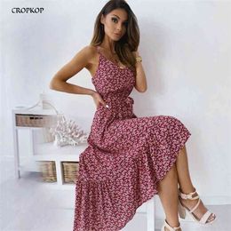 Backless Slip Sundresses Casual Ladies Holiday Floral Ruffle Summer Women Clothing Red Long Dresses Spaghetti Strap Dress 210331