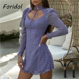Foridol Polkd Dot Purple Boho Summer Dress Women Lace Up Vintage Beach Mini Dress Spring Australia Short Chiffon Dress 210415