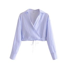 Women Sexy Fashion With Tie Cropped stripe Blouses Vintage Crossover V Neck Long Sleeve Female Shirts Chic Tops 210520