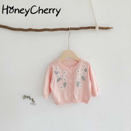 Autumn Baby Girl sweater Long Sleeve Sweet Solid Color Handmade Wool Knitted Embroidered Short Coat 210515