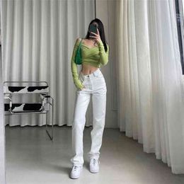 Korean Fashion White Jeans for Women High Waist Long Streetwear Trousers Straight Leg Pants Denim Ladies Baggy Femme Black 210809