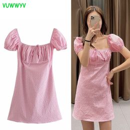 Pink Elegant Plaid Woman Dress Summer Fashion Front Tie Smock Design Mini Women Short Puff Sleeve Party Vestidos 210430