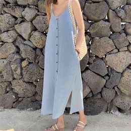 Korean Button Loose Sling Denim Dress Female Solid Plus Size Backless Summer es Sexy Split Cotton Woman Vestido 14077 210512