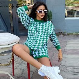 long sleeve active tops Canada - Women's Tracksuits Active Houndstooth Women Two Piece Set Outfits Autumn Knit Long Sleeve Tops And Midi Mini Skirts Matching Tracksuit
