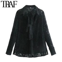 TRAF Women Sexy Fashion With Bow Tie Semi-sheer Lace Blouses Vintage Long Sleeve Split Hem Female Shirts Chic Tops 210415
