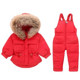 Children Winter Down Clothing Sets 2019 Real Fur Collar Kids Winter Down Jacket Baby Girls Warm Overalls Toddler Boys Down Coat H0909