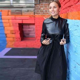 Foridol Faux Leather PU Spliced Winter Dress Women Elegant Black Long Sleeve Ladies A-line Turtleneck Dress 210415