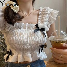 White Black Bow Chiffon Pleated Gothic Camisole Women Summer Short Fashion Large Tunics Slim-Fit Tank Top Camis Sweetshirts 210619