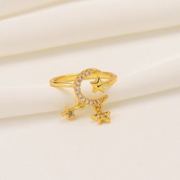 With Side Stones 14k Fine Solid Gold 18ct THAI BAHT G/F Crescent Moon Star Ring Band Celestial Night Sky Vintage Triple Goddess Pentacle CZ