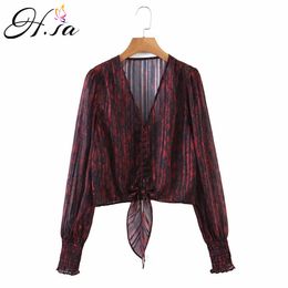 HSA women blouse blouses vintage Bow Tie V neck Long Sleeve Casual female flower summr chiffon tops 210417