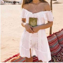 Holiday Spliced Hollow Out Lace Summer White Dress Woman Perspective Short sleeve Button Off shoulder Mini Dresses 210429