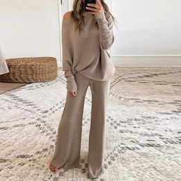 Fashion Women's 2-piece Long-sleeved Suit Knitted Sweater Pullover Wide-leg Pants Ladies Round Neck Casual Tracksuit 210930