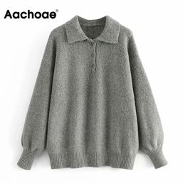 Aachoae Casual Loose Knitted Grey Sweater Women Solid Turn Down Collar Fashion Pullovers Long Sleeve Chic Jumper Tops 210413