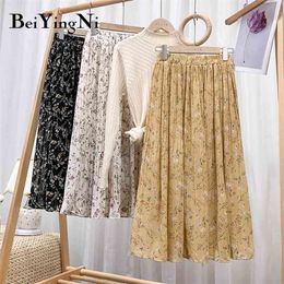 Summer Pleated Skirts Women Chiffon Floral Polka Dot Printed High Waist Midi Skirt Vintage Lining Casual Faldas 210506