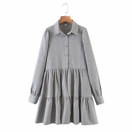 Casual Woman Grey Loose Cascading Ruffles Shirt Dress Spring Fashion Ladies Basic Mini es Female Elegant 210515