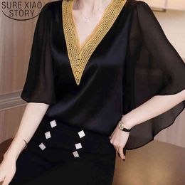 Women Blouses Satin Black Silk Shirt Female V-neck Summer Embroidery Elegant Shirts Blusas Laides Tops 9731 210417